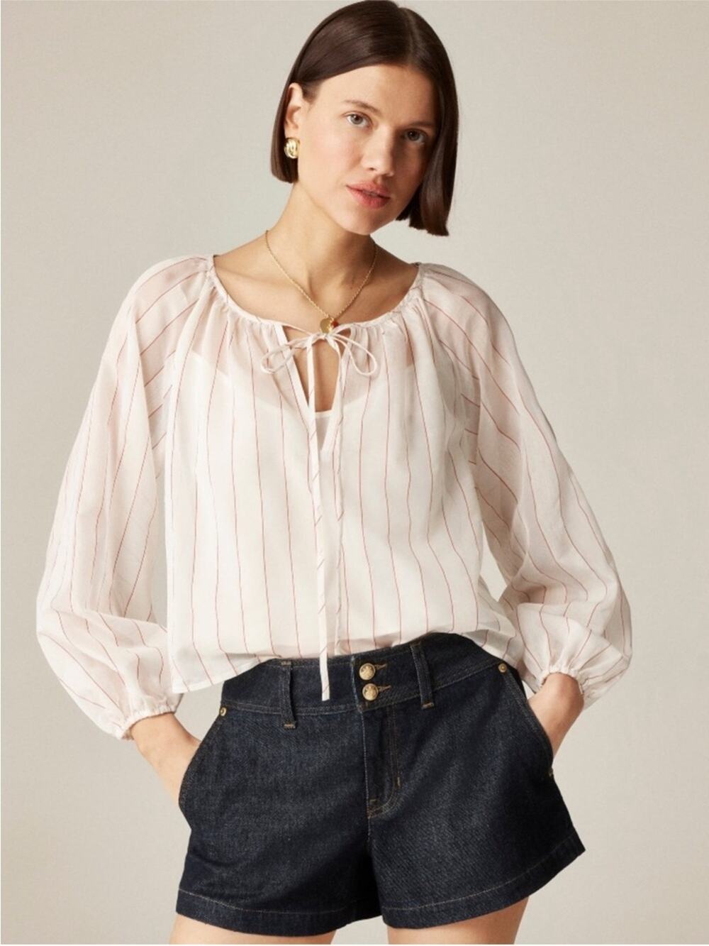 J.Crew Tie-front popover top in dobby satin